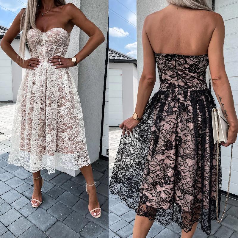 Casual Dresses Women Evening Dress Low-Cut Strapless Floral Lace Double-Layer Long Ladies High Waist Sexy Club Summer
