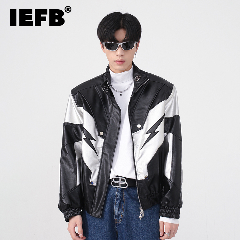 Mens Jackets IEFB Jacket Wear Autumn Winter High Stand Collar Shoulder Padded PU Leather Coat Contrast Color Fashion 230327