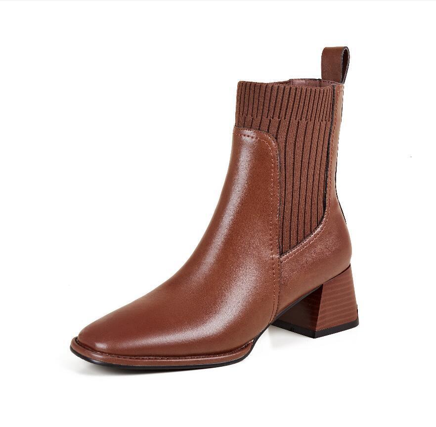 Boots Office Ladies Casual Women Ankle Boots Autumn Winter Concise Genuine Leather Knitting Thick High Heels Basic Shoes 230327