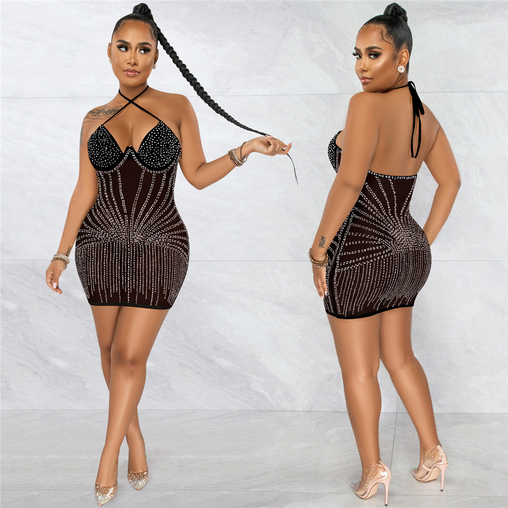 New NEW Designer Rinestone Diamonds Sheer Mesh Mini Dress Women Beautiful Lace Up Halter Backless Bodycon Night Club Party Dresses Bulk Wholesale Clot