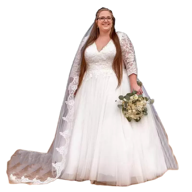 Plus Size A-Line Wedding Dresses With Long Bride Veils V-neck 3 Quarter Sleeves Floor Length Ivory Tulle Bridal Gowns Lace Applique Country Garden Ves