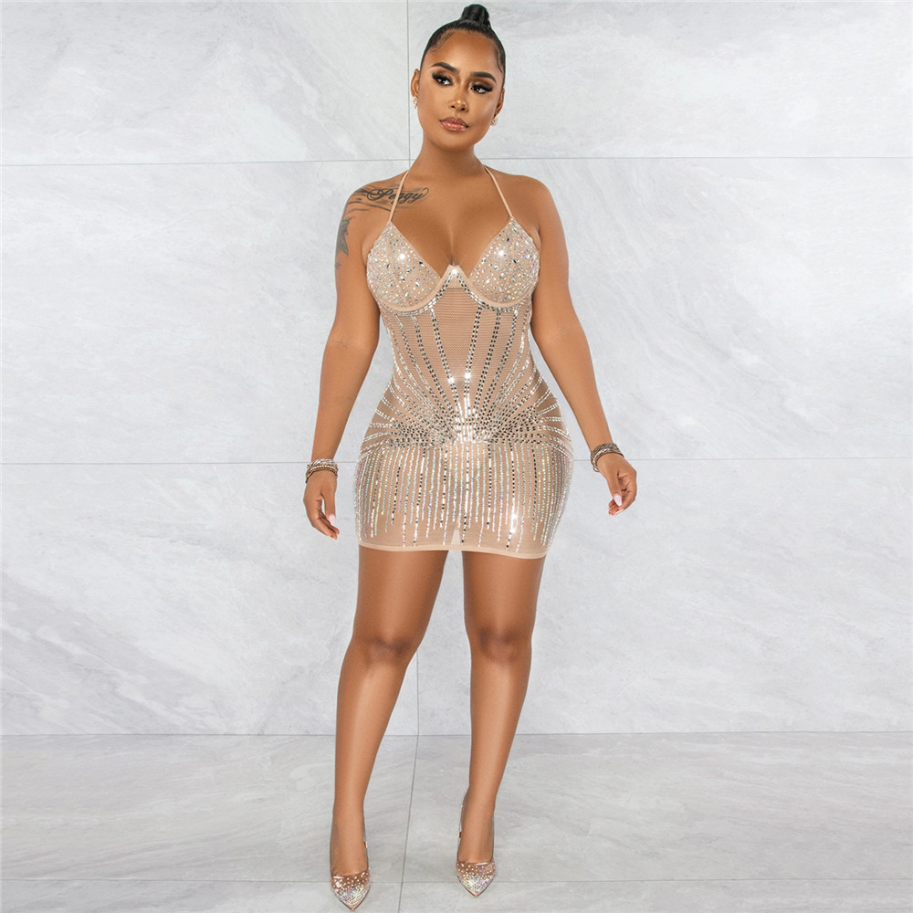 New NEW Designer Rinestone Diamonds Sheer Mesh Mini Dress Women Beautiful Lace Up Halter Backless Bodycon Night Club Party Dresses Bulk Wholesale Clot