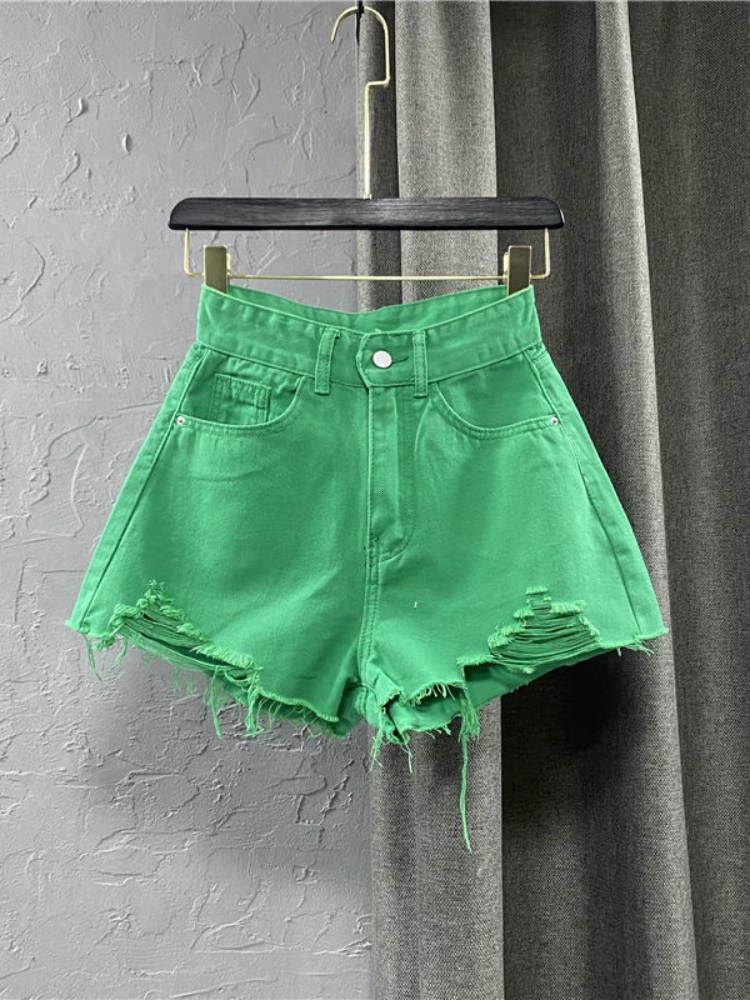 Women's Shorts Women's denim shorts High waisted casual solid zipper flying fashion shorts Loose sexy green A-shaped pants summer 230412