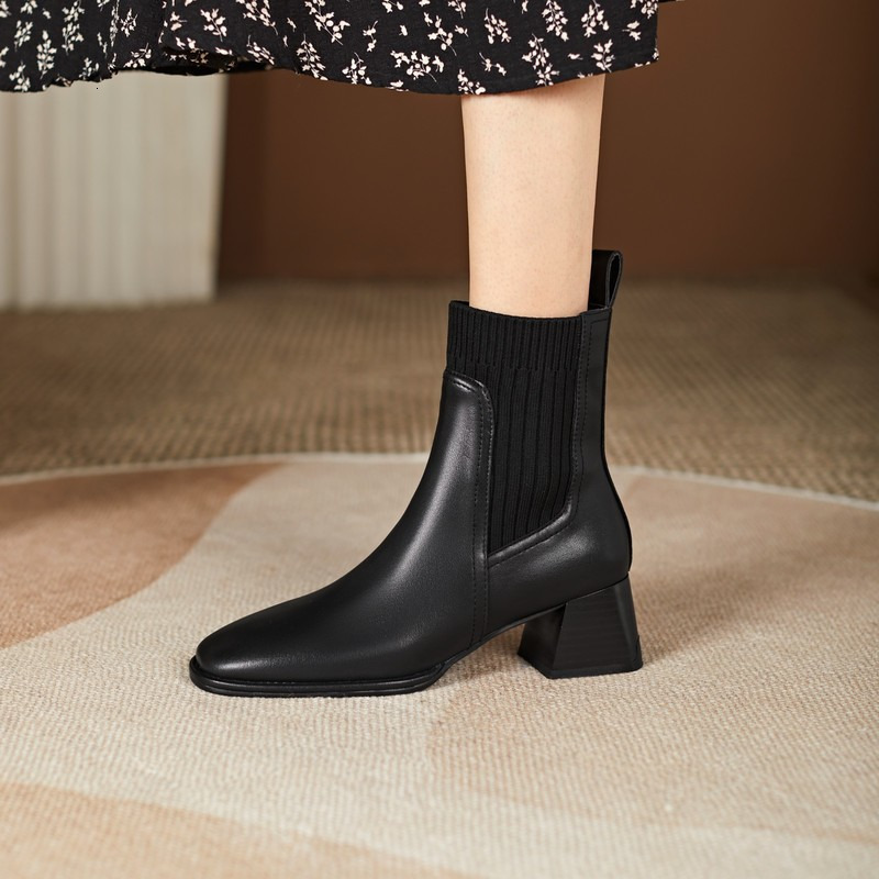 Boots Office Ladies Casual Women Ankle Boots Autumn Winter Concise Genuine Leather Knitting Thick High Heels Basic Shoes 230327