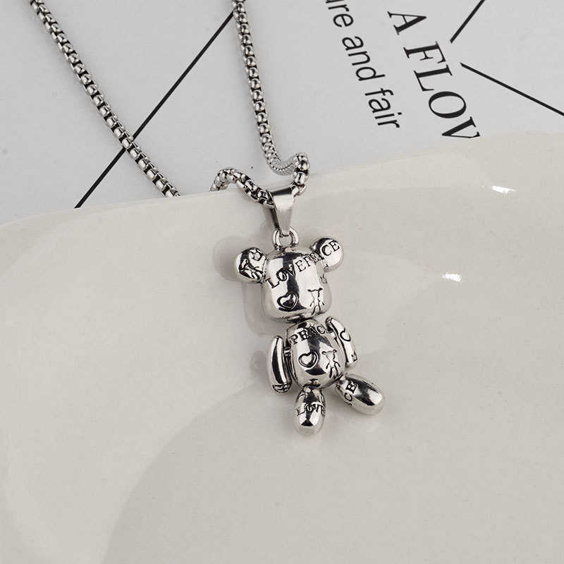 Pendant Necklaces Rotatable Bear Doll Pendant Stainless Steel Necklace Men and Women Hip-hop Personality Simple Cartoon Sweater Chain Wholesale P23032 - view 5