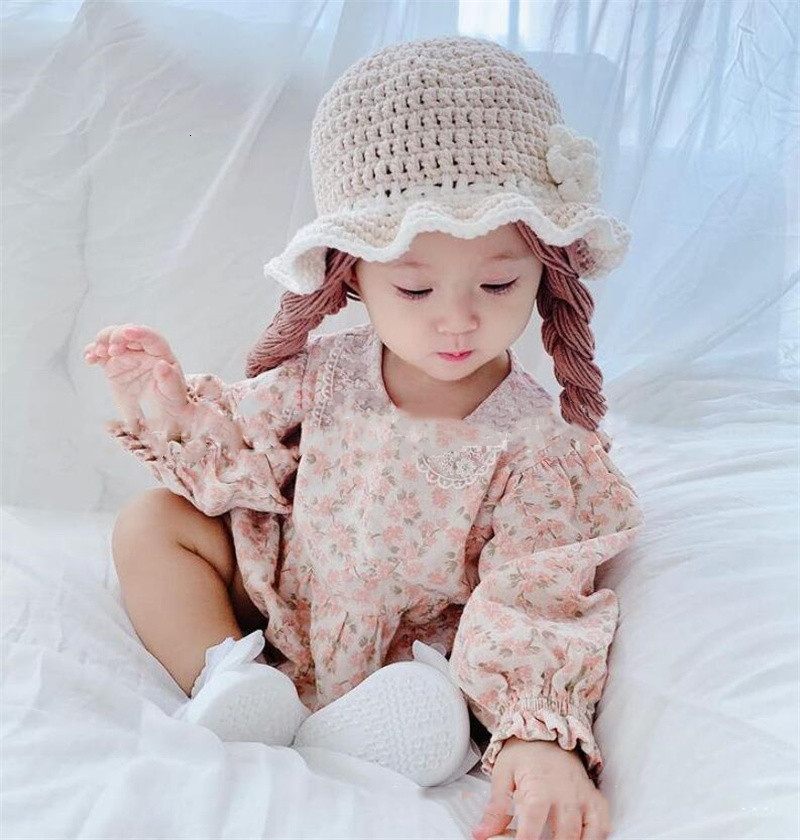 Caps Hats Cute Flower Baby Girl Bucket Hat Hair Pigtail Braid Wig Cap Winter Warm Knitted Children Kids Girls Hats and Caps Accessories 230328