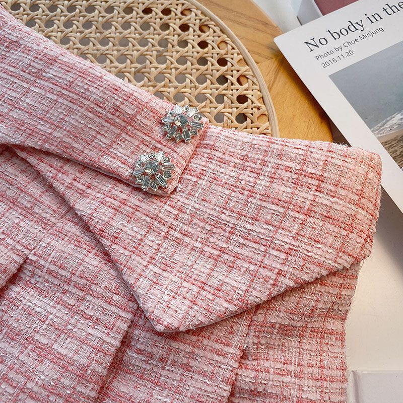 Skirts Ashgaily High Waist tweed Women's Skiing Diamond Button Pleated Skiing tweed Wool Mini Skiing Autumn 230404