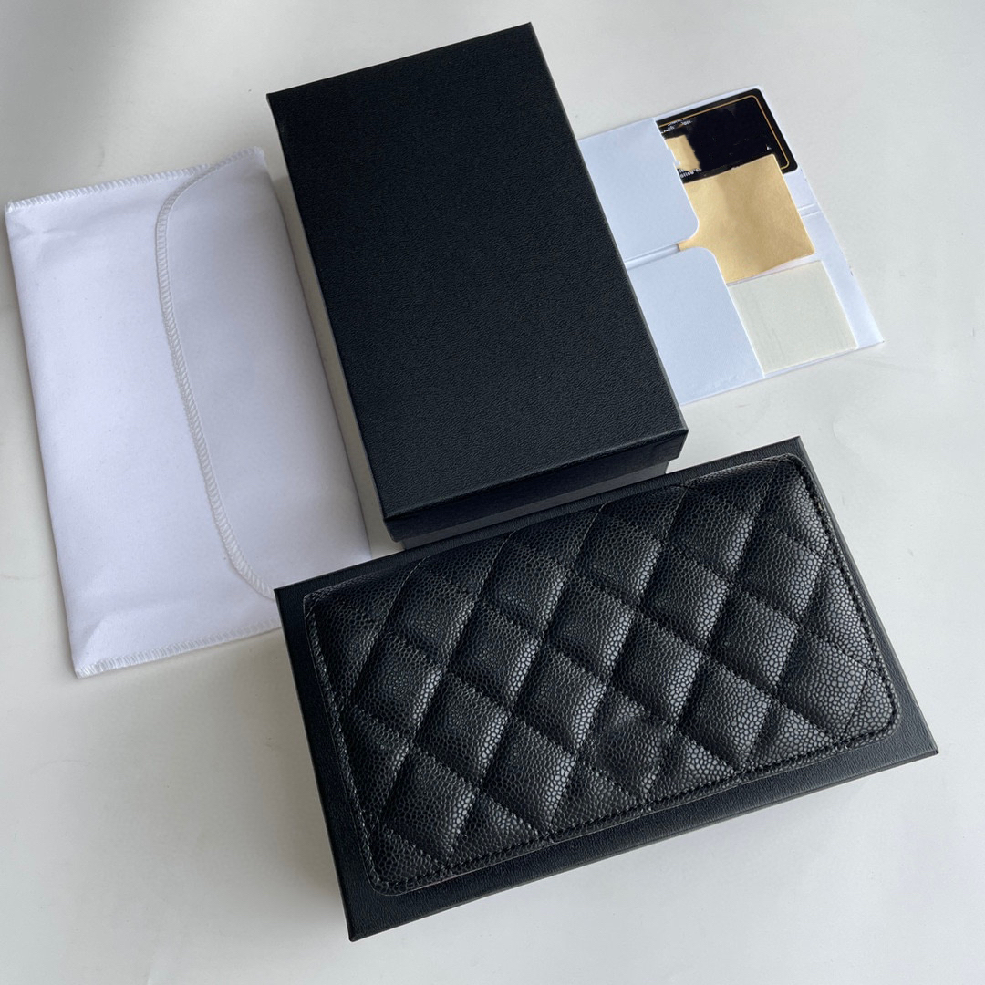 

10A Fashion CF Women Wallet Sheepskin Caviar Cowhide Rhombic Clasp Flap Clip Bag Large Capacity Internal Serial Number Complete Set of Accessories and Boxes, Black sheepskin gold logo