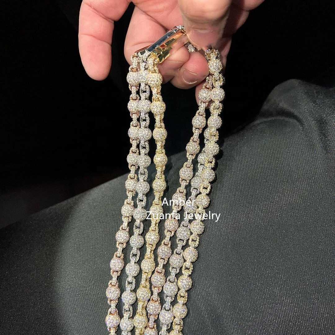 Hip Hop Round Bead 3d Design Chains Men Necklace Moissanite Diamond Vvs Hand Setting 925 Sterling Silver