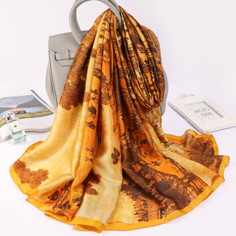 Scarves 18090cm classic Silk Scarf Women Foulard Office lady Large Fashion Print Beach Hijab shawl warp bandanna muffler pareo 230328