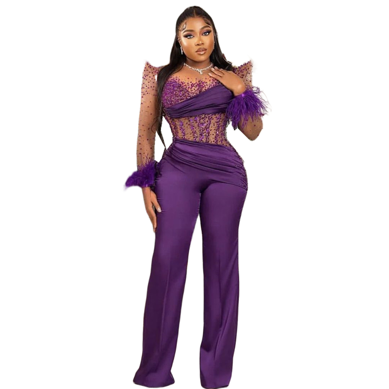 Luxury Women Jumpsuits Crystals Beaded Prom Dresses Purple Feathers Long Sleeves Pleats Corset Formal Evening Gowns Illusion Sexy Celebrity Party Wear