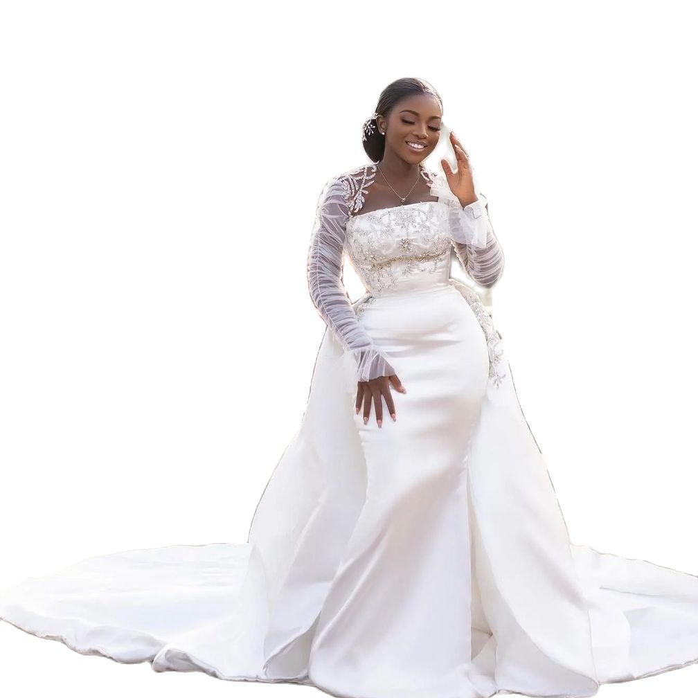 Plus Size Mermaid Wedding Dresses Crystal Beading Long Sleeve Satin Bride Dress With Detachable Tain Bridal Gowns