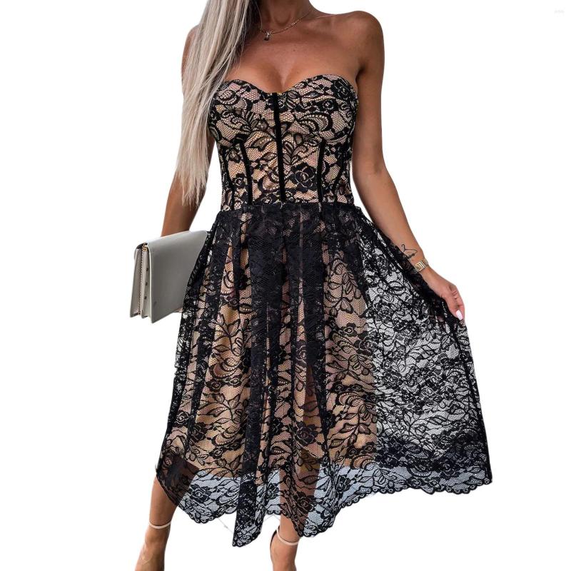 Casual Dresses Women Evening Dress Low-Cut Strapless Floral Lace Double-Layer Long Ladies High Waist Sexy Club Summer
