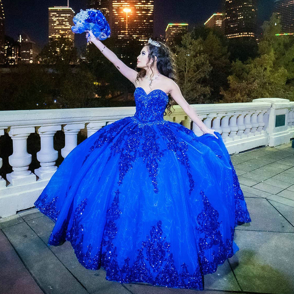 Royal Blue Princess Quinceanera Dresses Ruffles Tiered Tulle Prom Party Gowns Glitter Sequin Lace Appliqued Long Sleeves Sweetheart Neck Sweet 15 Vest