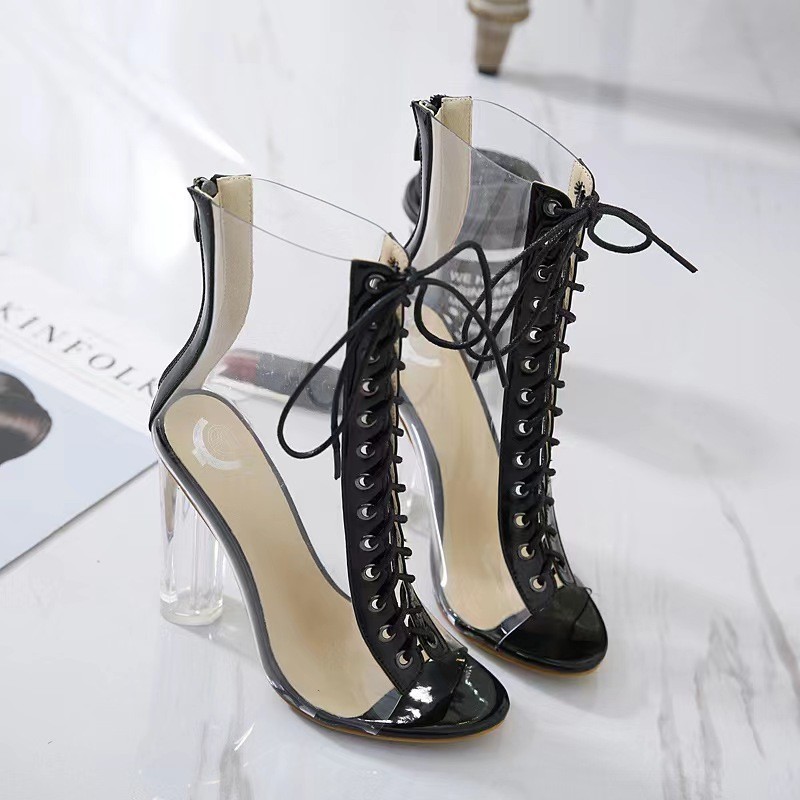 Boots Sexy PVC Transparent Boots Sandals Peep Toe Shoes Clear Chunky Heels Lace-Up Sandals Mujer Blue Women Boots 230327