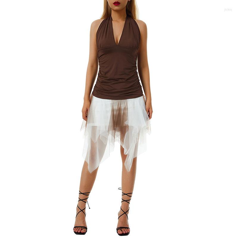 Casual Dresses Womens Fashion Sleeveless Backless Deep V Neck Mesh Hanky Hem Cocktail Dress Solid Color Halter Mini Party Club