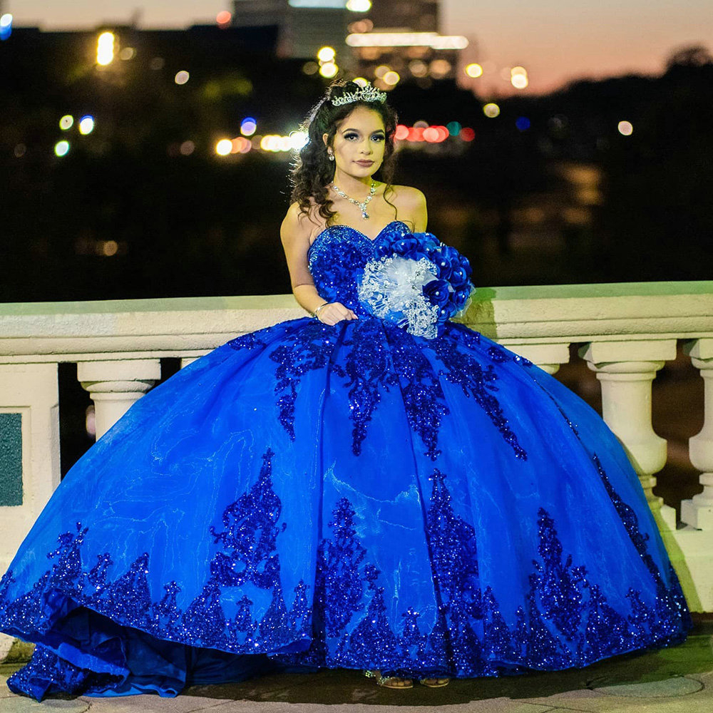 Royal Blue Princess Quinceanera Dresses Ruffles Tiered Tulle Prom Party Gowns Glitter Sequin Lace Appliqued Long Sleeves Sweetheart Neck Sweet 15 Vest