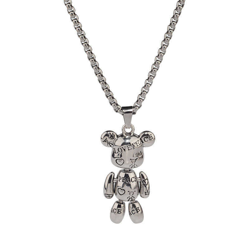 Pendant Necklaces Rotatable Bear Doll Pendant Stainless Steel Necklace Men and Women Hip-hop Personality Simple Cartoon Sweater Chain Wholesale P23032 - view 6
