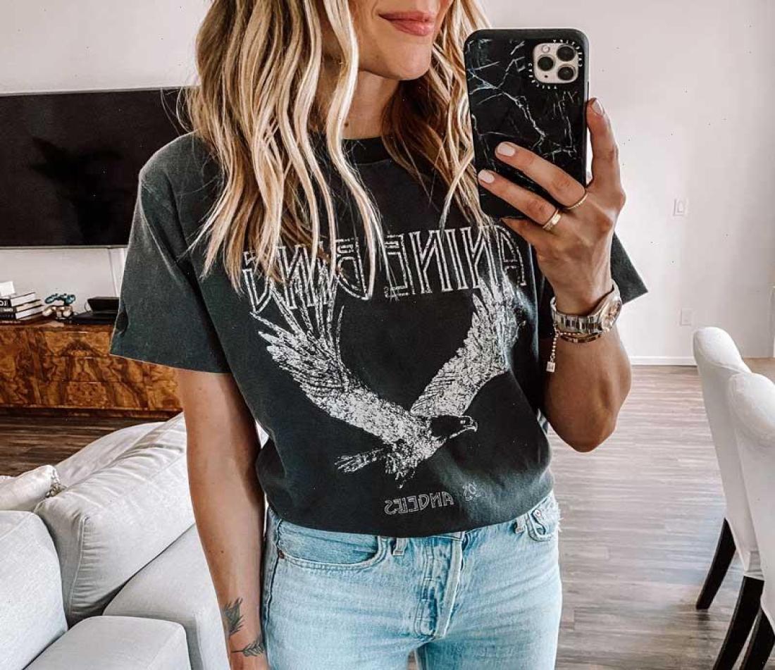 Super Chic Summer Round Neck Pullover Cotton Womens Tshirt Black Bing Eagle Print Tee Za