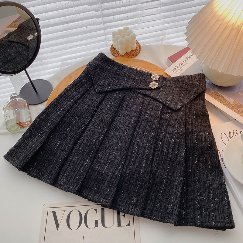Skirts Ashgaily High Waist tweed Women's Skiing Diamond Button Pleated Skiing tweed Wool Mini Skiing Autumn 230404