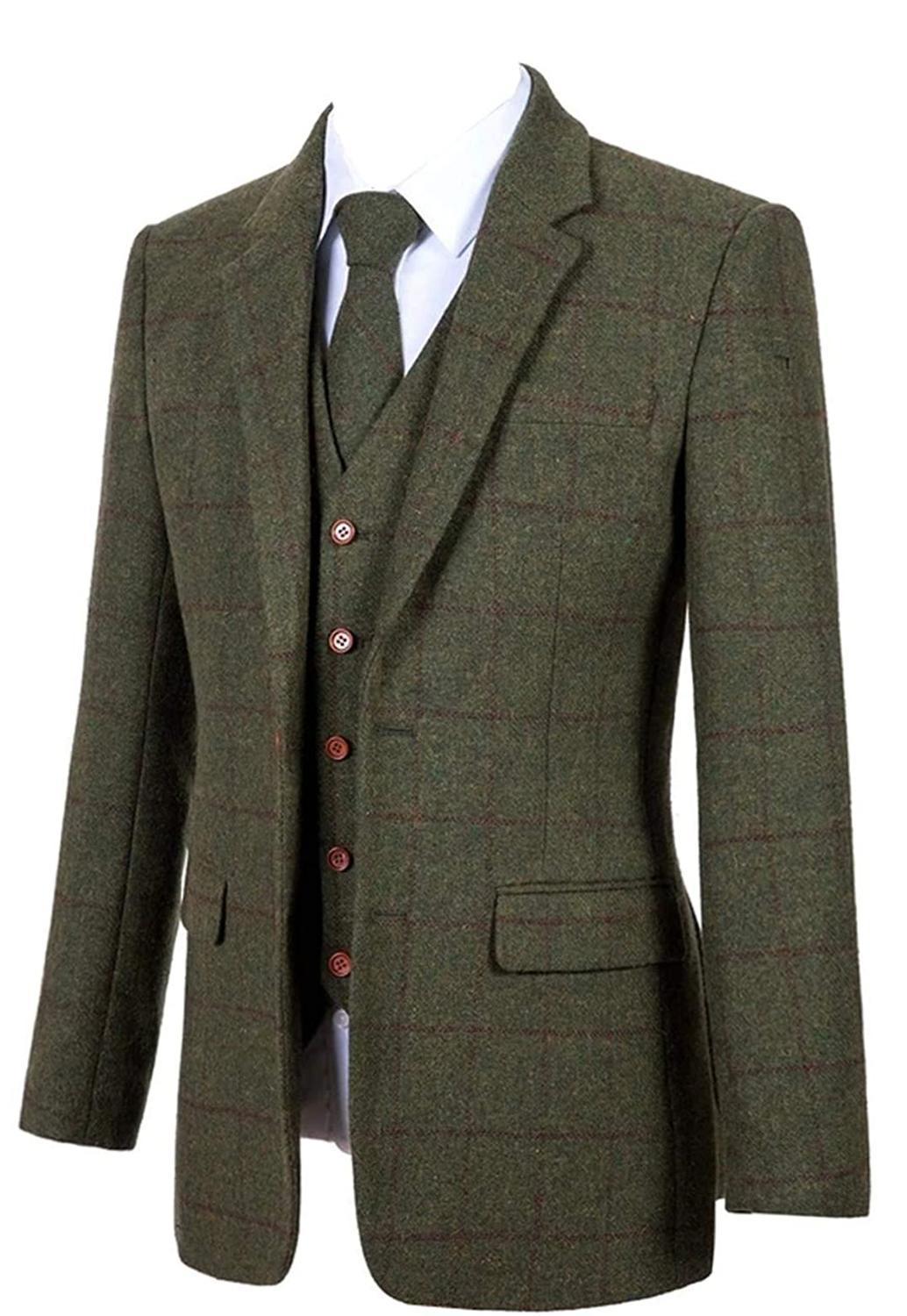 Men's Suits Blazers Men's 3 Piece Suits Bussiness Formal Notch Lapel Groomsmen Woolen Plaid Tuxedos for Party Activities Wedding BlazerVestP
