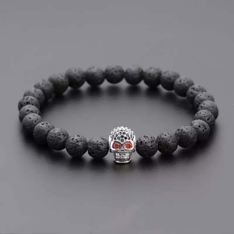 Faddish Beaded 8mm Volcanic Rock Microinset Zircon Skull Beaded Bracelet Black