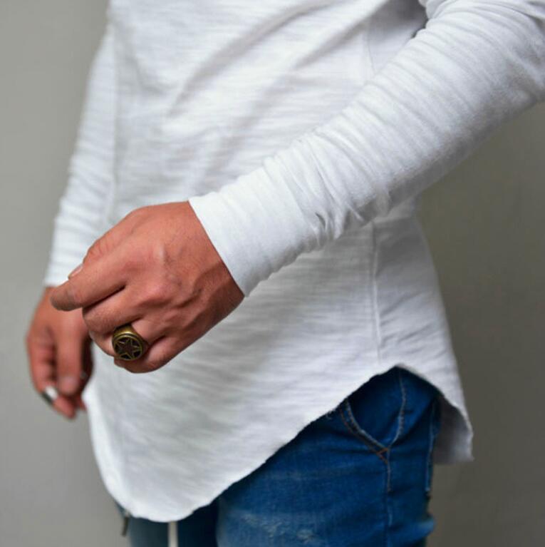 Mens Long Line T Shirt Solid Hip Hop Long Sleeve Tees for Spring and Autumn Swag Clothes Slim Harajuku Tshirt