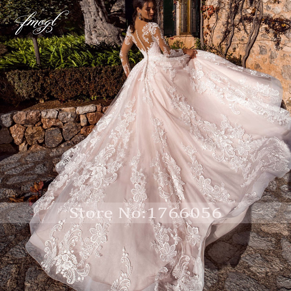 Party Dresses Fmogl Sexy Illusion Long Sleeve Vintage Wedding Scoop Neck Appliques Court Train Tulle A Line Bridal Gown 230328