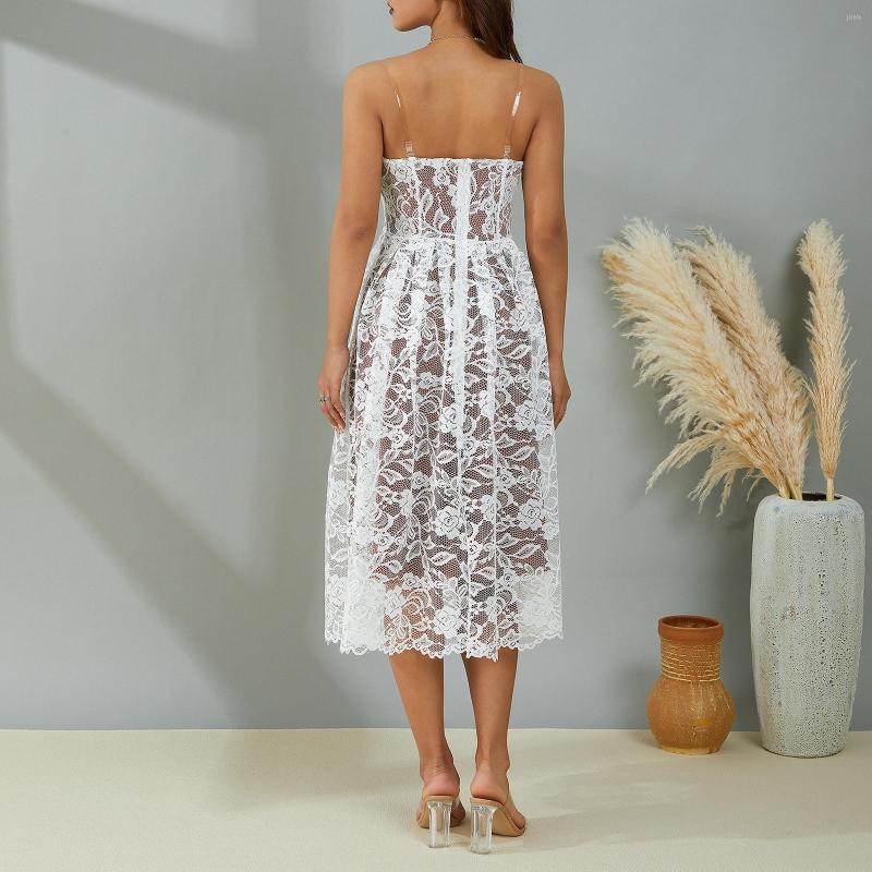 Casual Dresses Women Evening Dress Low-Cut Strapless Floral Lace Double-Layer Long Ladies High Waist Sexy Club Summer