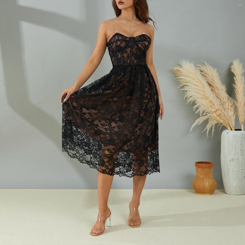 Casual Dresses Women Evening Dress Low-Cut Strapless Floral Lace Double-Layer Long Ladies High Waist Sexy Club Summer