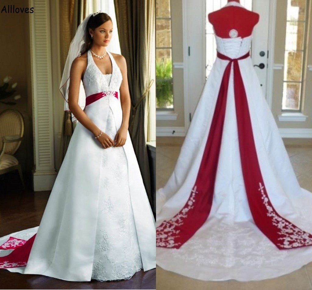 and African Red White A Line Wedding Dresses Halter Elegant Satin Lace Embellishment Plus Size Maternity Bridal Gowns for Women Corset Back Vestidos D