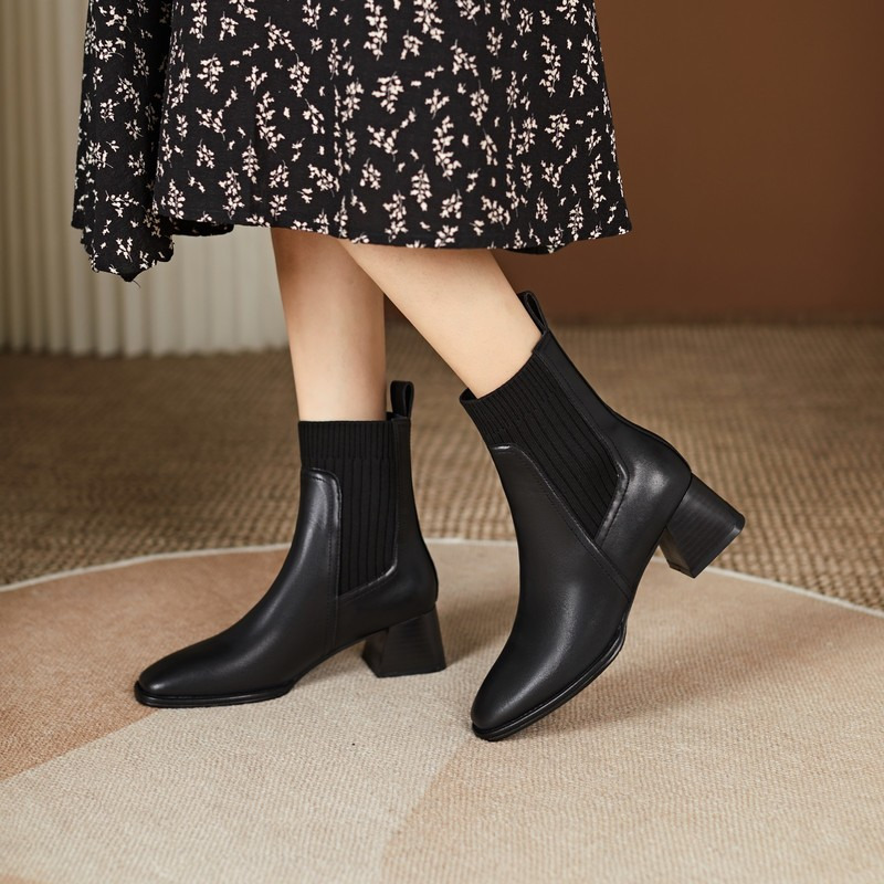 Boots Office Ladies Casual Women Ankle Boots Autumn Winter Concise Genuine Leather Knitting Thick High Heels Basic Shoes 230327