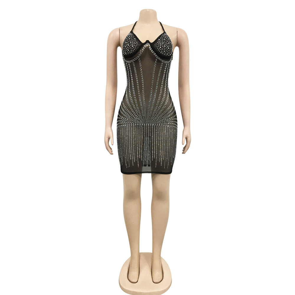 New NEW Designer Rinestone Diamonds Sheer Mesh Mini Dress Women Beautiful Lace Up Halter Backless Bodycon Night Club Party Dresses Bulk Wholesale Clot