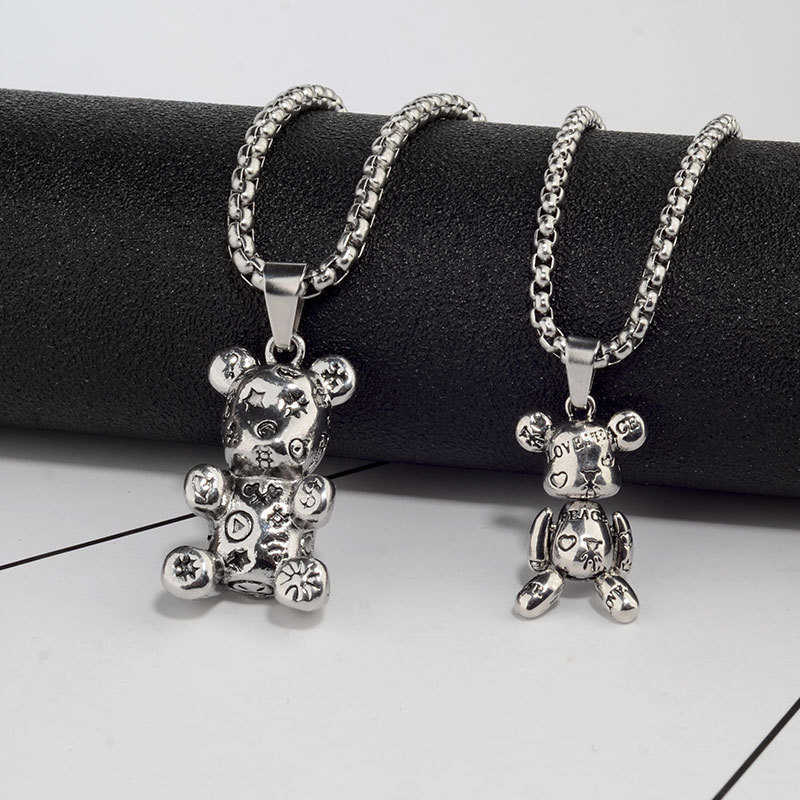 Pendant Necklaces Rotatable Bear Doll Pendant Stainless Steel Necklace Men and Women Hip-hop Personality Simple Cartoon Sweater Chain Wholesale P23032 - view 4