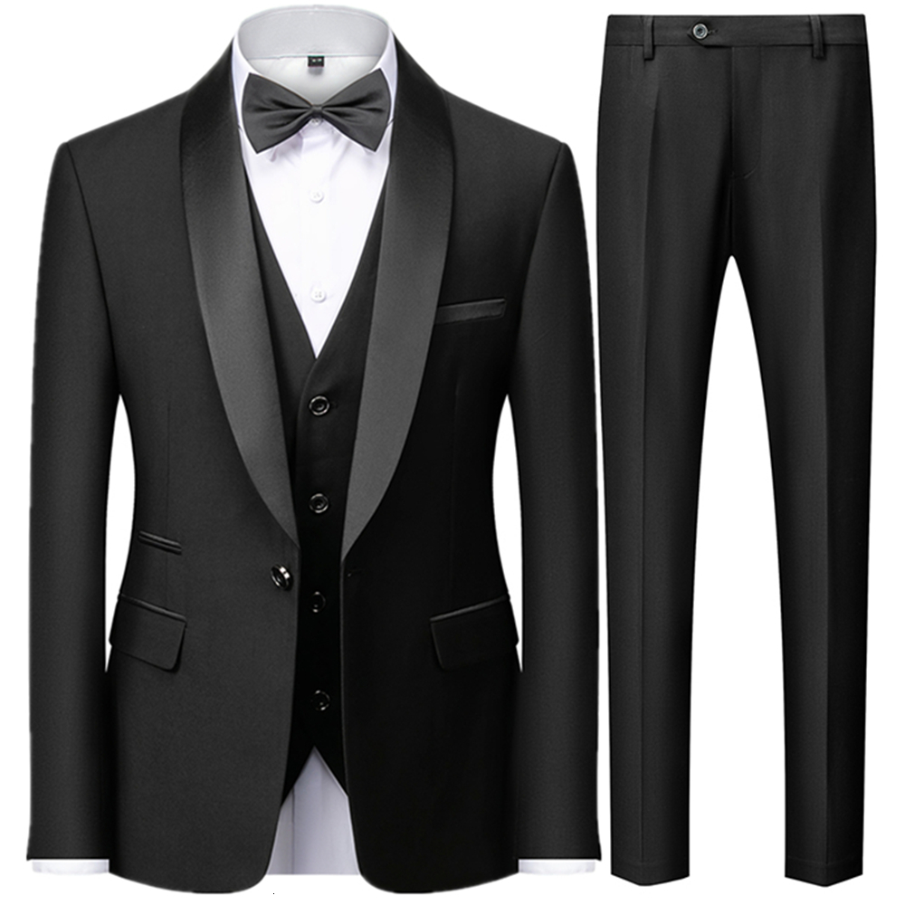 Men's Suits Blazers 3 Pieces Set Men's Business Blazers Coat / Male Slim Fit Color Matching Collar Suit Tuxedo Leisure Jacket Pants Vest Wed