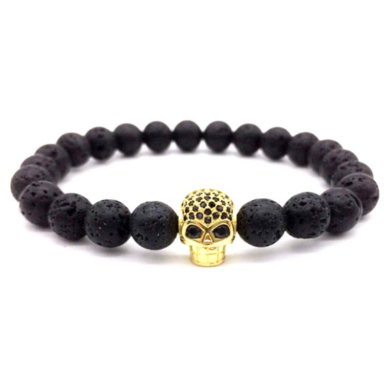 Faddish Beaded 8mm Volcanic Rock Microinset Zircon Skull Beaded Bracelet Black