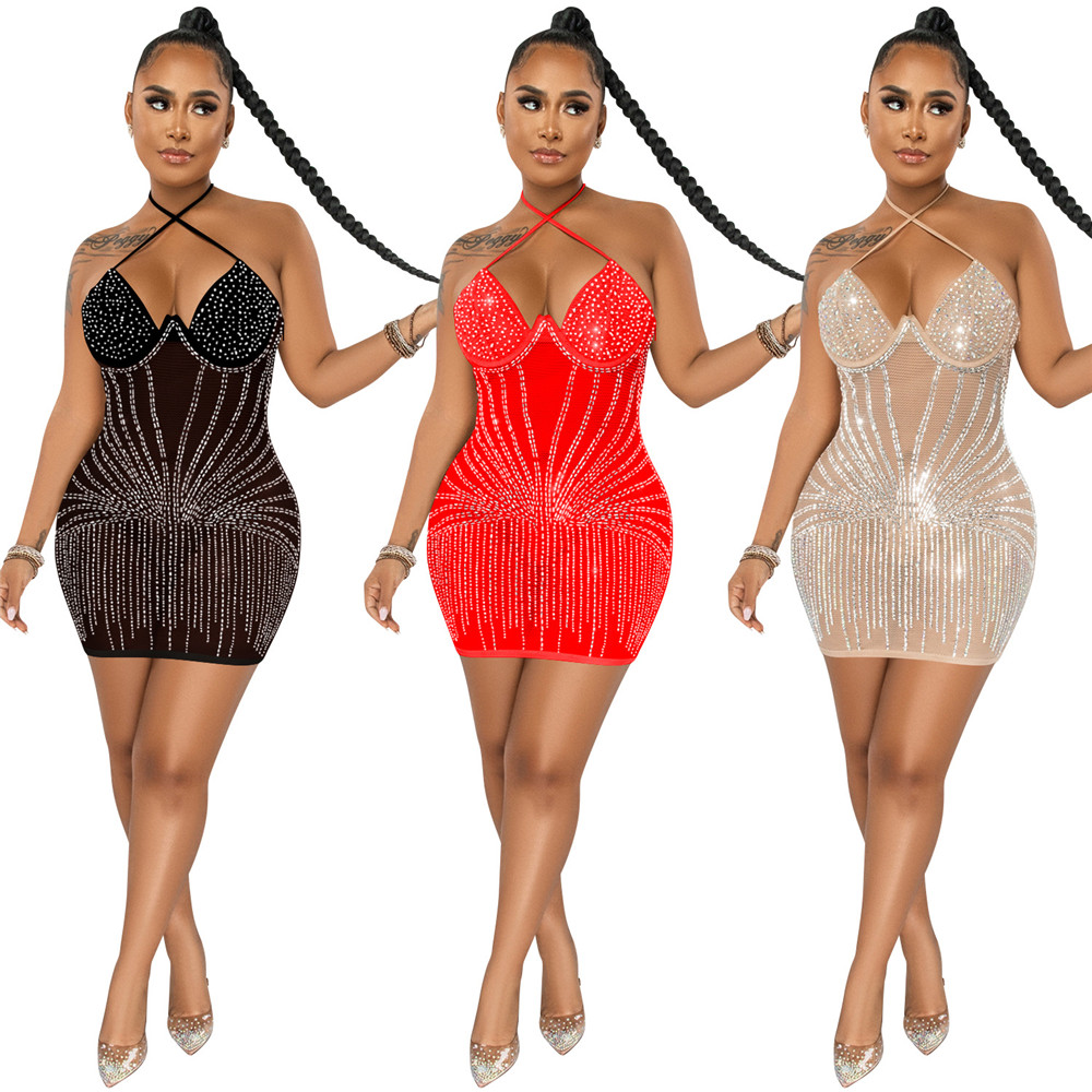 New NEW Designer Rinestone Diamonds Sheer Mesh Mini Dress Women Beautiful Lace Up Halter Backless Bodycon Night Club Party Dresses Bulk Wholesale Clot