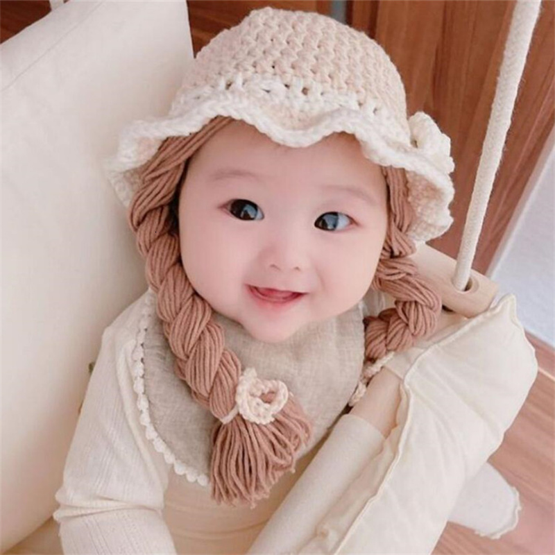 Caps Hats Cute Flower Baby Girl Bucket Hat Hair Pigtail Braid Wig Cap Winter Warm Knitted Children Kids Girls Hats and Caps Accessories 230328