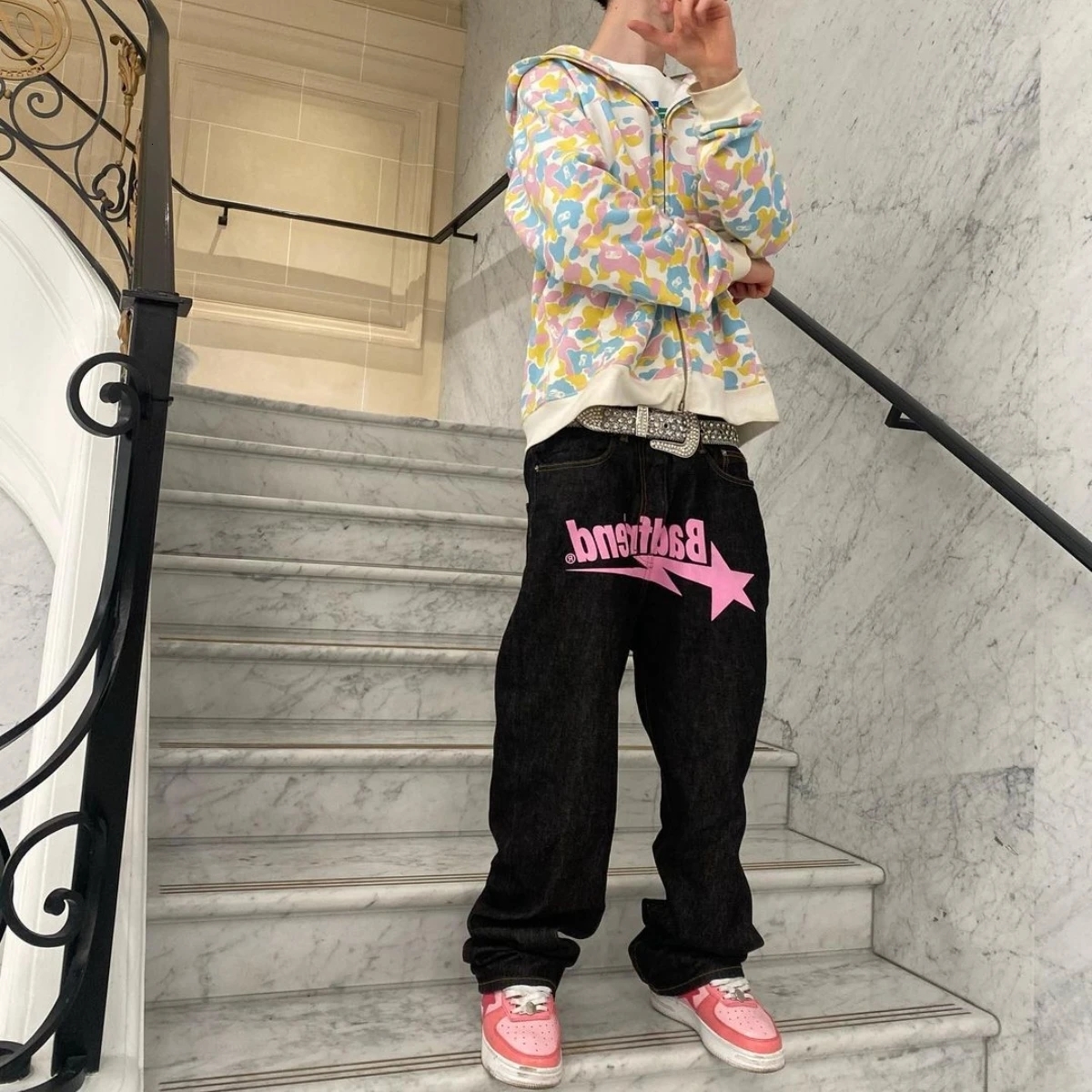 Men's Y2k Jeans Badfriend Hip Hop Letter Printed Black Pants Men Women Fashion Casual Rock Wide Foot Baggy Trouser Streetwear 230327