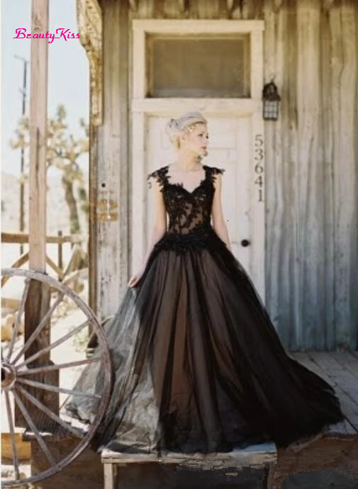 Party Dresses Vintage Black Wedding Lace Applique Sweetheart ALine Gothic Bridal Dress Beaded Backless Long Tulle Gown 230328