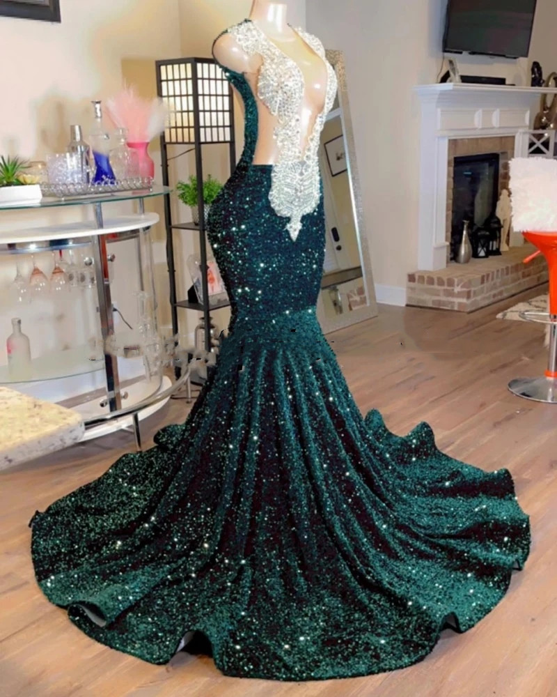 Sexy Prom Dresses Jewel Neck Illusion Sequined Lace Sequins Dark Green Crystal Beads Sleeveless Mermaid Evening Party Gowns Special Ocn Wears Open Bac