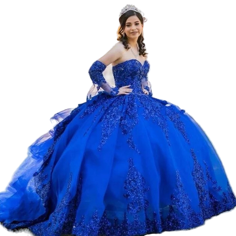 Royal Blue Princess Quinceanera Dresses Ruffles Tiered Tulle Prom Party Gowns Glitter Sequin Lace Appliqued Long Sleeves Sweetheart Neck Sweet 15 Vest