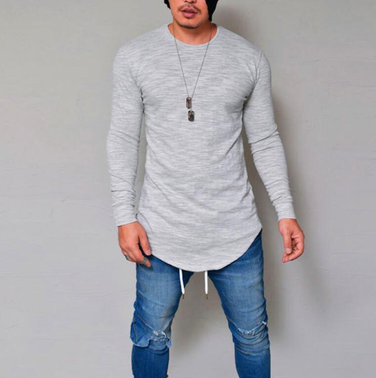 Mens Long Line T Shirt Solid Hip Hop Long Sleeve Tees for Spring and Autumn Swag Clothes Slim Harajuku Tshirt