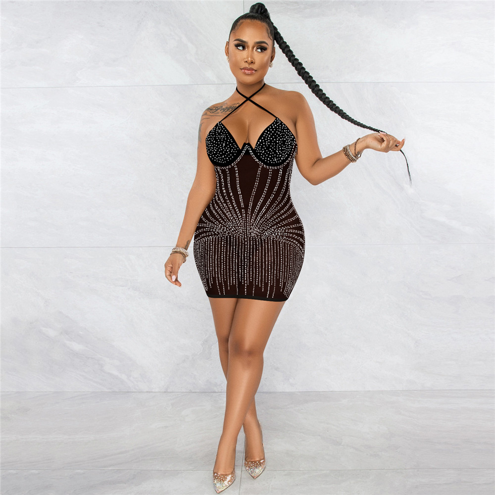 New NEW Designer Rinestone Diamonds Sheer Mesh Mini Dress Women Beautiful Lace Up Halter Backless Bodycon Night Club Party Dresses Bulk Wholesale Clot