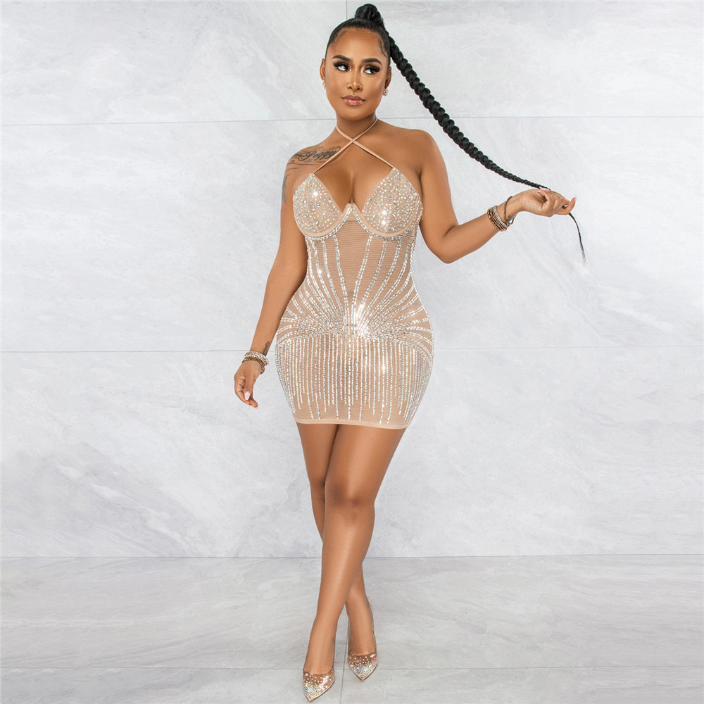 New NEW Designer Rinestone Diamonds Sheer Mesh Mini Dress Women Beautiful Lace Up Halter Backless Bodycon Night Club Party Dresses Bulk Wholesale Clot