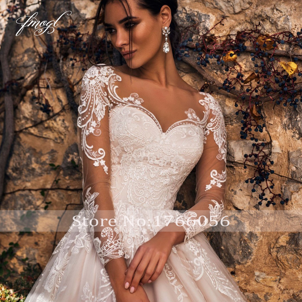 Party Dresses Fmogl Sexy Illusion Long Sleeve Vintage Wedding Scoop Neck Appliques Court Train Tulle A Line Bridal Gown 230328