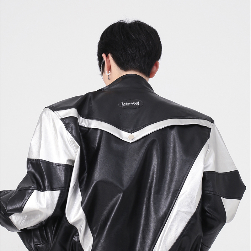 Mens Jackets IEFB Jacket Wear Autumn Winter High Stand Collar Shoulder Padded PU Leather Coat Contrast Color Fashion 230327