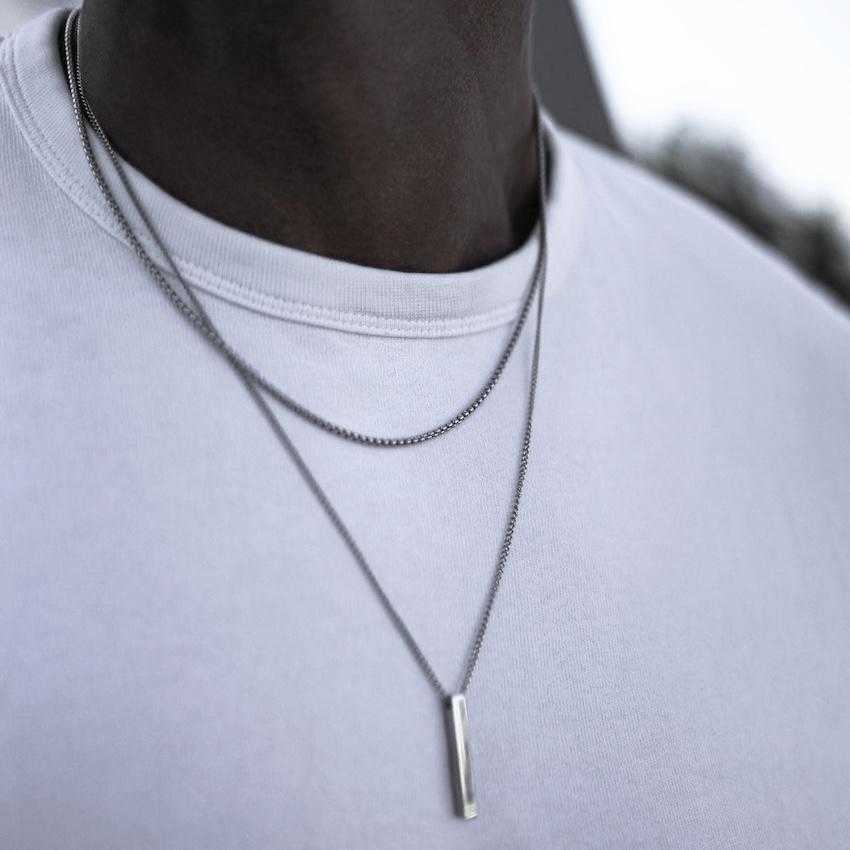 Pendant Necklaces Vnox 3D Vertical Bar Necklaces for Men Layering Stainless Steel Geometric Pendant Layered Wheat Rope Cuban Chain Boy Collar P230327 - view 4