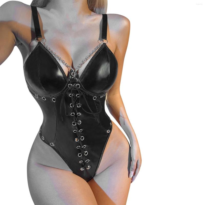 Women's Shapers Women'S Leather Lace Mesh Stitching Sexy Underwear Jumpsuit Femme Pajamas Porn Cosplay Costume Sex Product