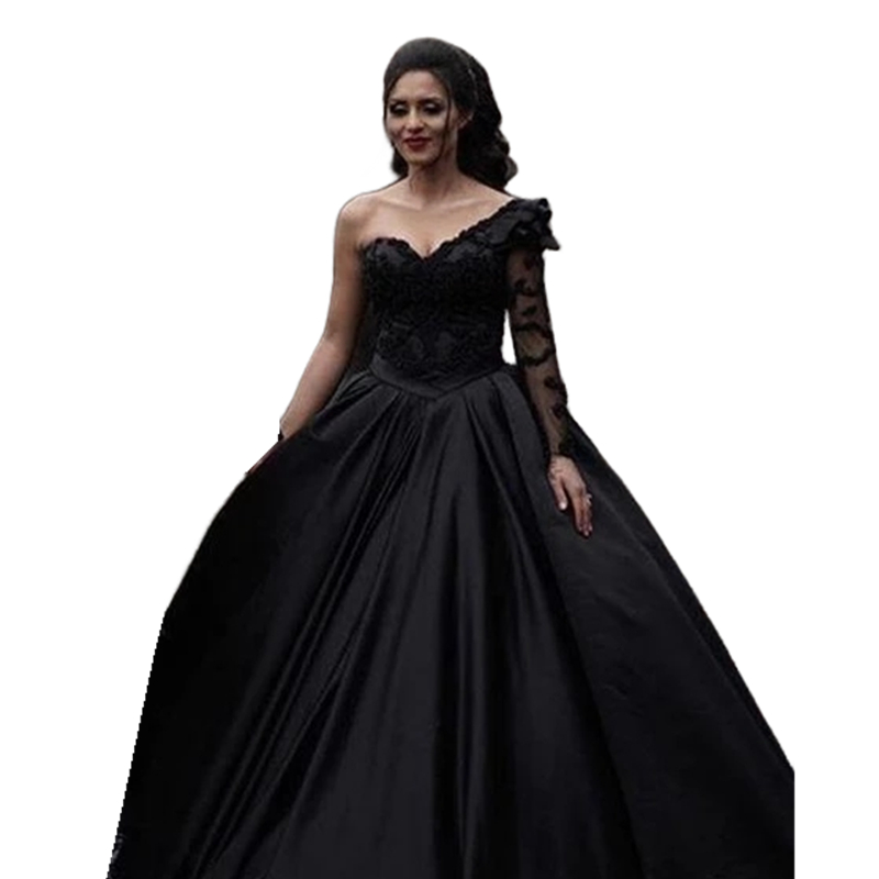 Gothic Black Ball Gown Wedding Dresses One Shoulder Vintage Satin Bridal Gowns Lace Applique Beaded Long Country Outdoor Vestido De Novia 2023